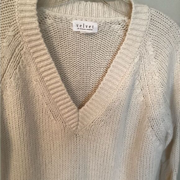 VELVET BY GRAHAM & SPENCER SIZE LARGE IVORY PEARLA V NECK SWEATER WOOL ALPACA - Picture 5 of 8